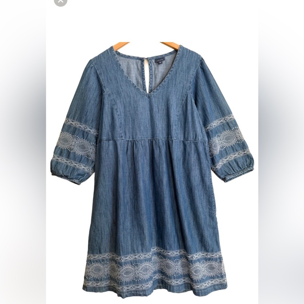 J. JILL 100% Cotton Chambray Embroidered Feminine Peasant Indigo Denim Dress XL